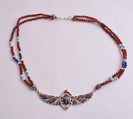 Winged Scarab Necklace-Egyptian Silver Pendant Necklace-Turquoise,Lapis