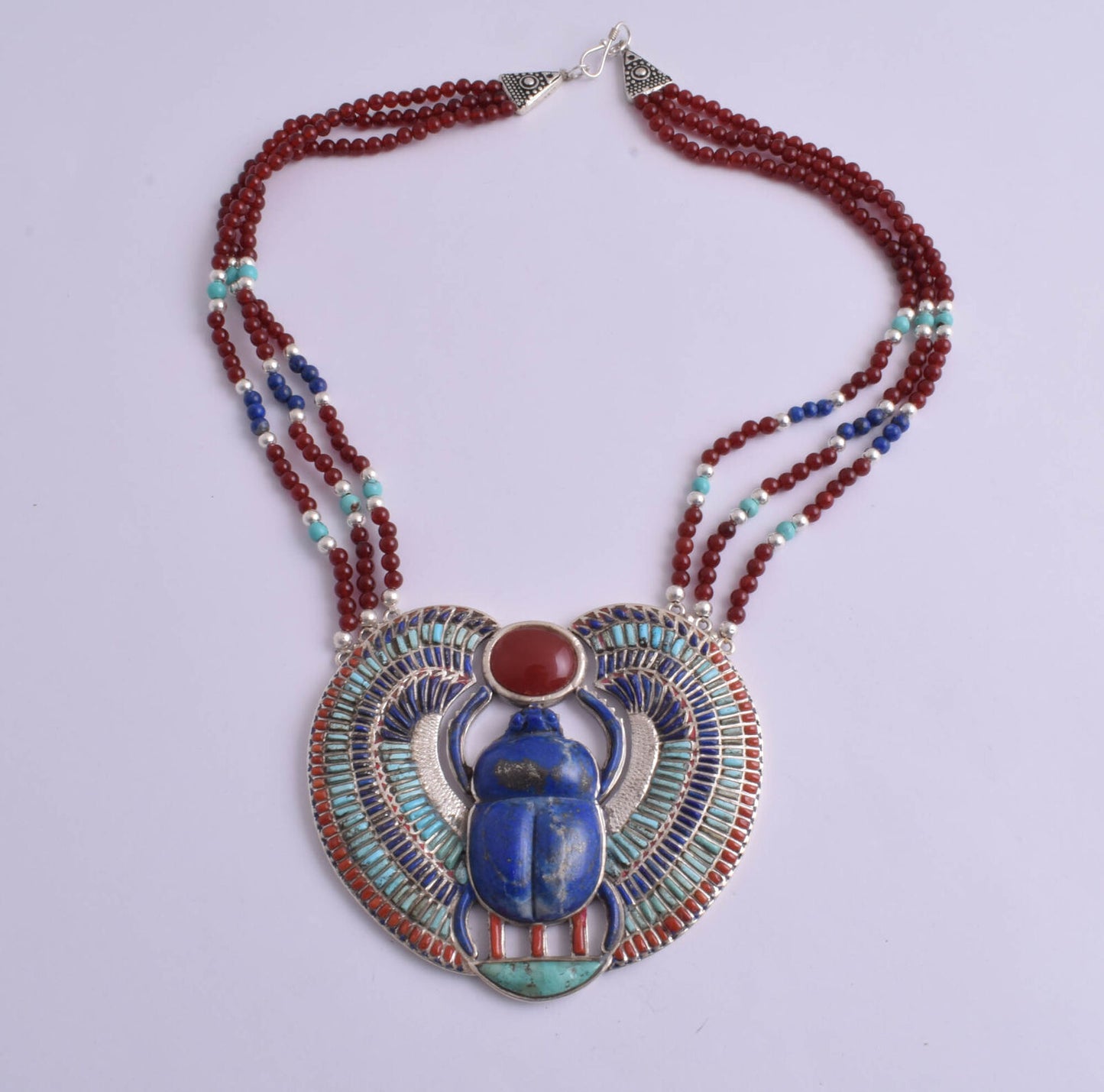 Egyptian Silver Pendant Necklace, scarab,Pharaoh, Turquoise, red coral , lapis