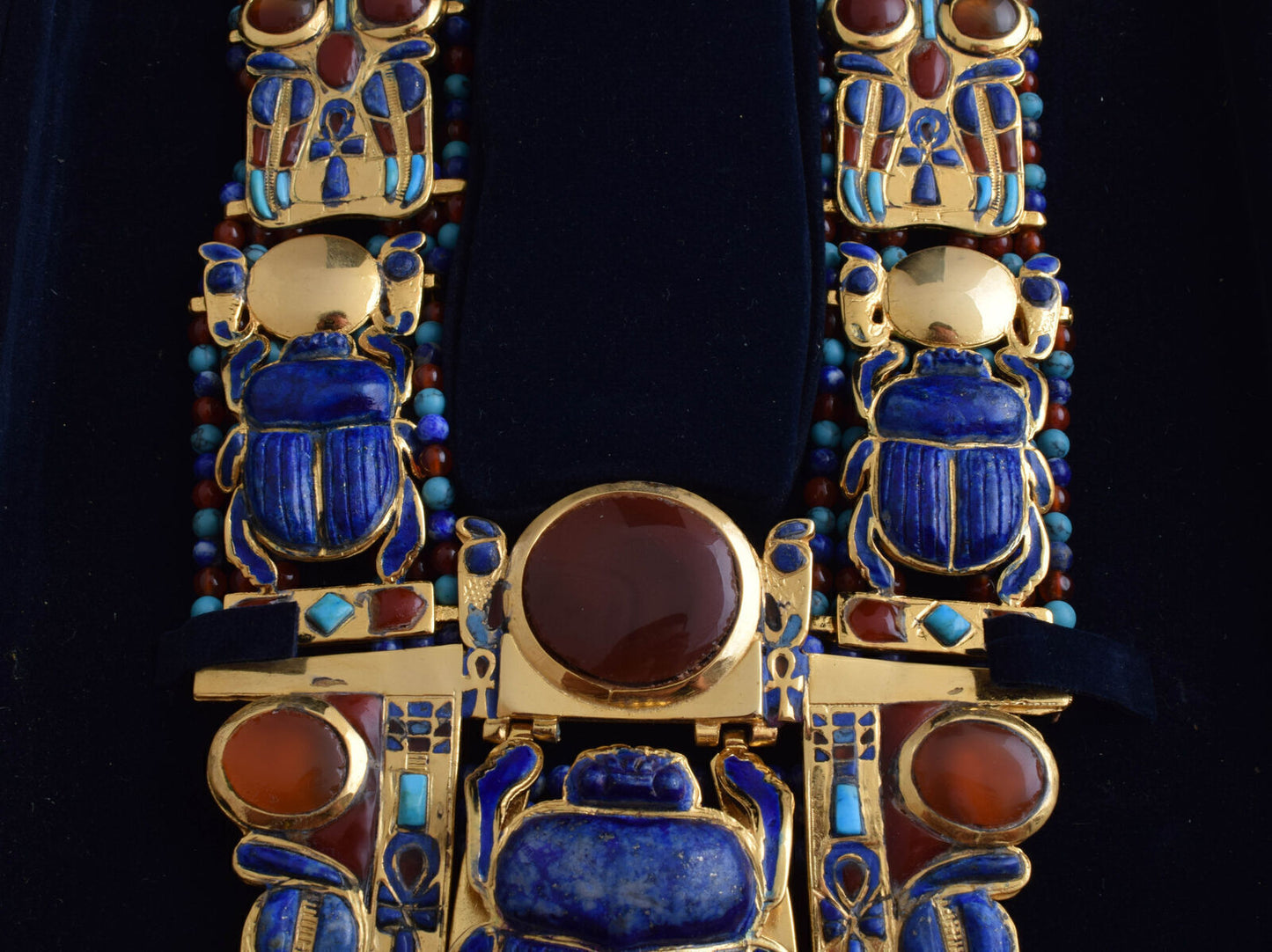 King Tut Tutankhamun-Egypt Scarab Necklace-Lapis Agate Turquoise-24k Gold Plated