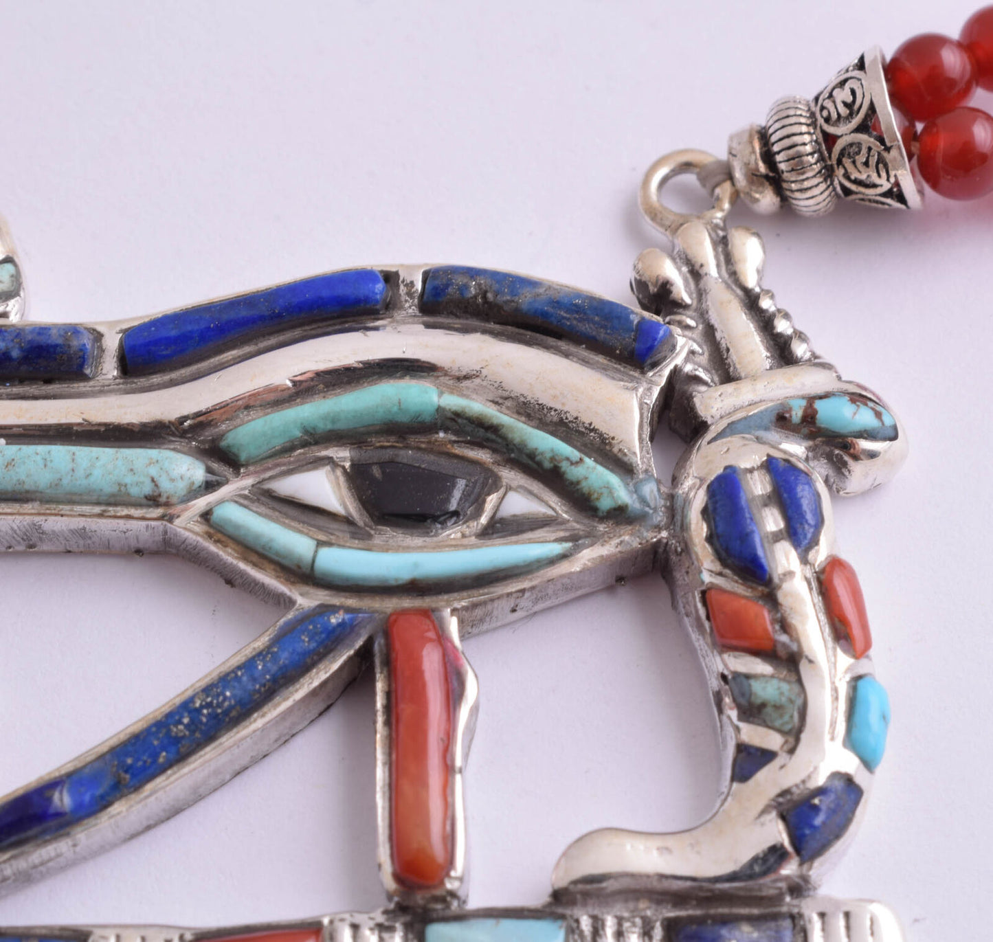 Eye of Horus Egyptian Silver Pendant Necklace,Turquoise, red coral, lapis lazuli