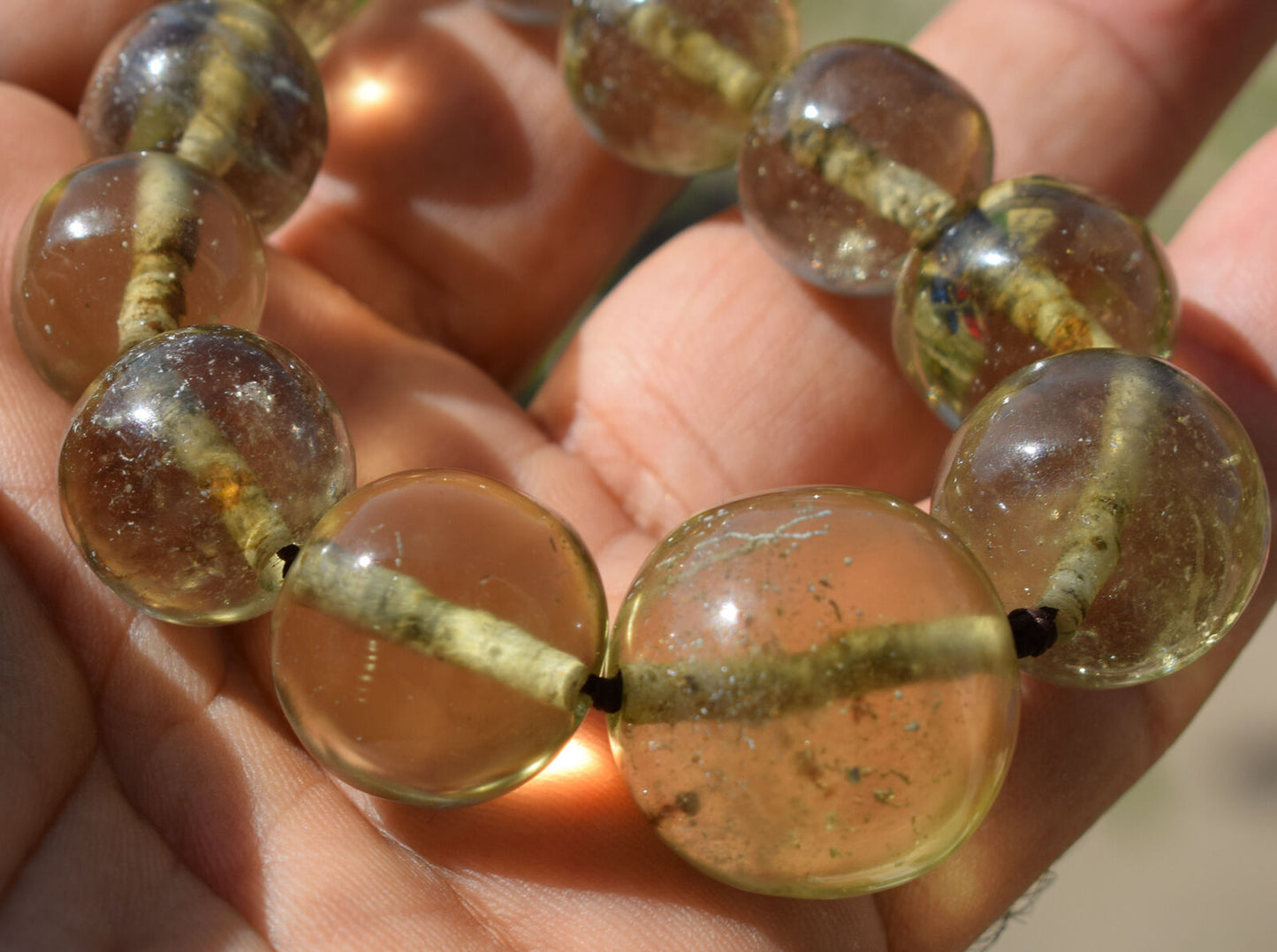 Libyan Desert glass Necklace 17 beads-9mm:23mm- 355ct-Meteorite Tektite-asteroid