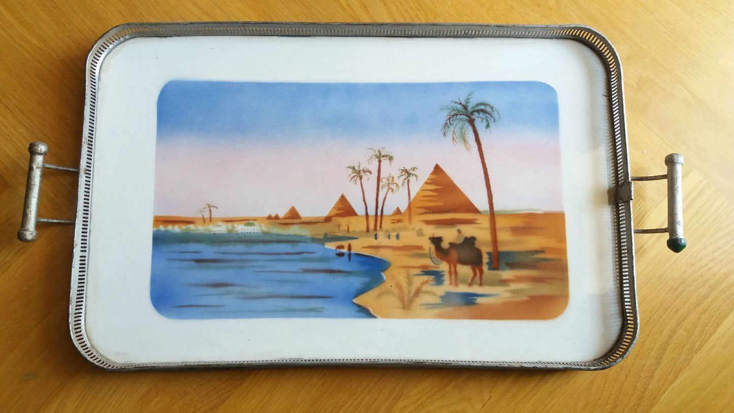 very Rare Vintage Porcelain Egyptian Pyramids camel desert scene serving Tray