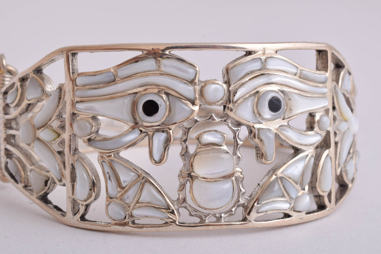 Eye of Horus Egyptian sterling Silver Cuff Bracelet, mother of pearl inlays