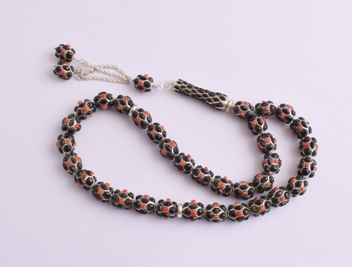 Red & Black Coral & sterling silver Islamic inlaid prayer beads,muslim Tasbih