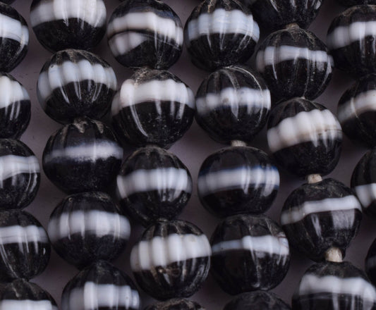 9 strands-Vintage African Glass Trade beads-Czech Bohemian Black-White Stripe