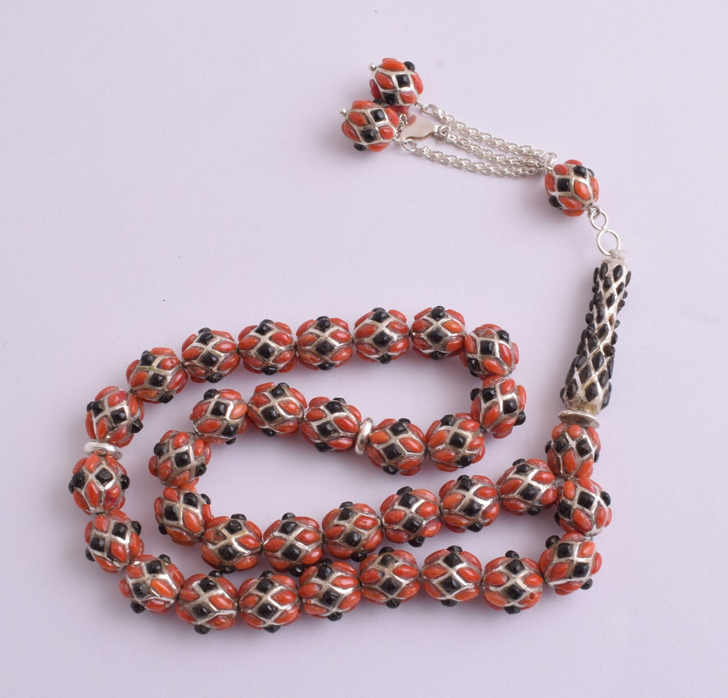 Red & Black Coral & sterling silver Islamic inlaid prayer beads,muslim Tasbih