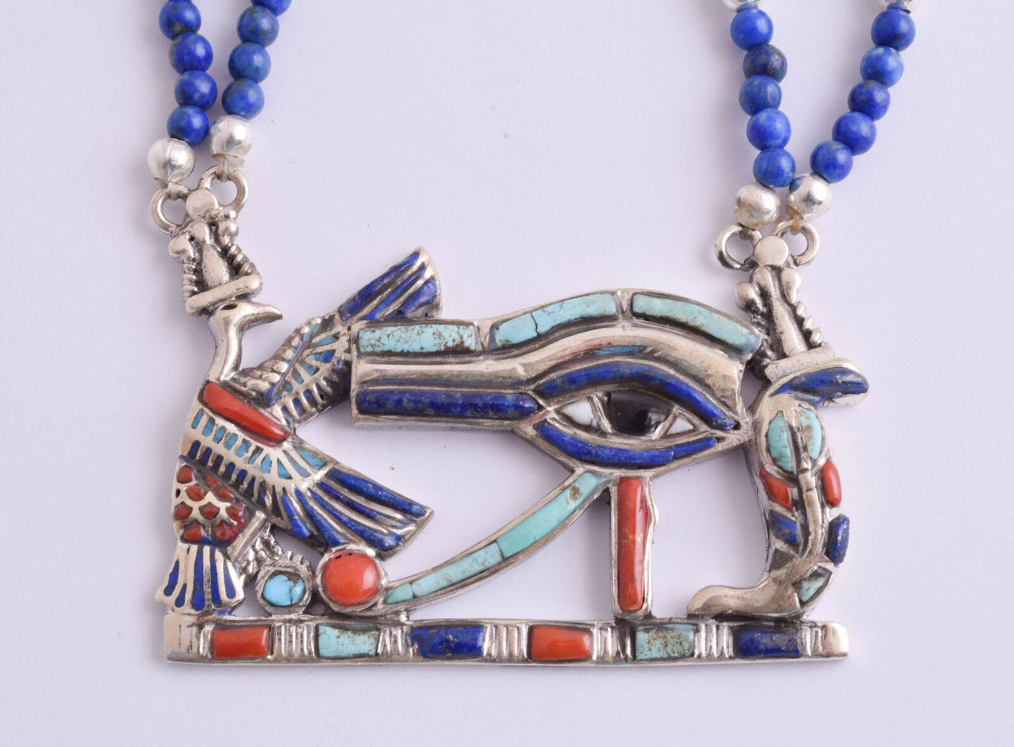 Eye of Horus Egyptian Silver Pendant Necklace,Turquoise, red coral, lapis lazuli