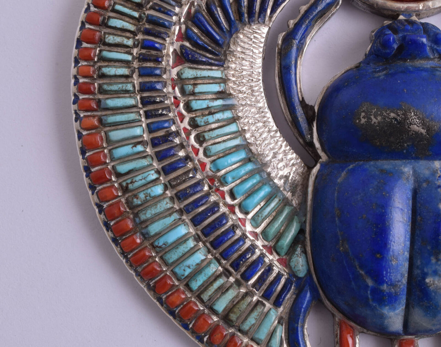 Egyptian Silver Pendant Necklace, scarab,Pharaoh, Turquoise, red coral , lapis