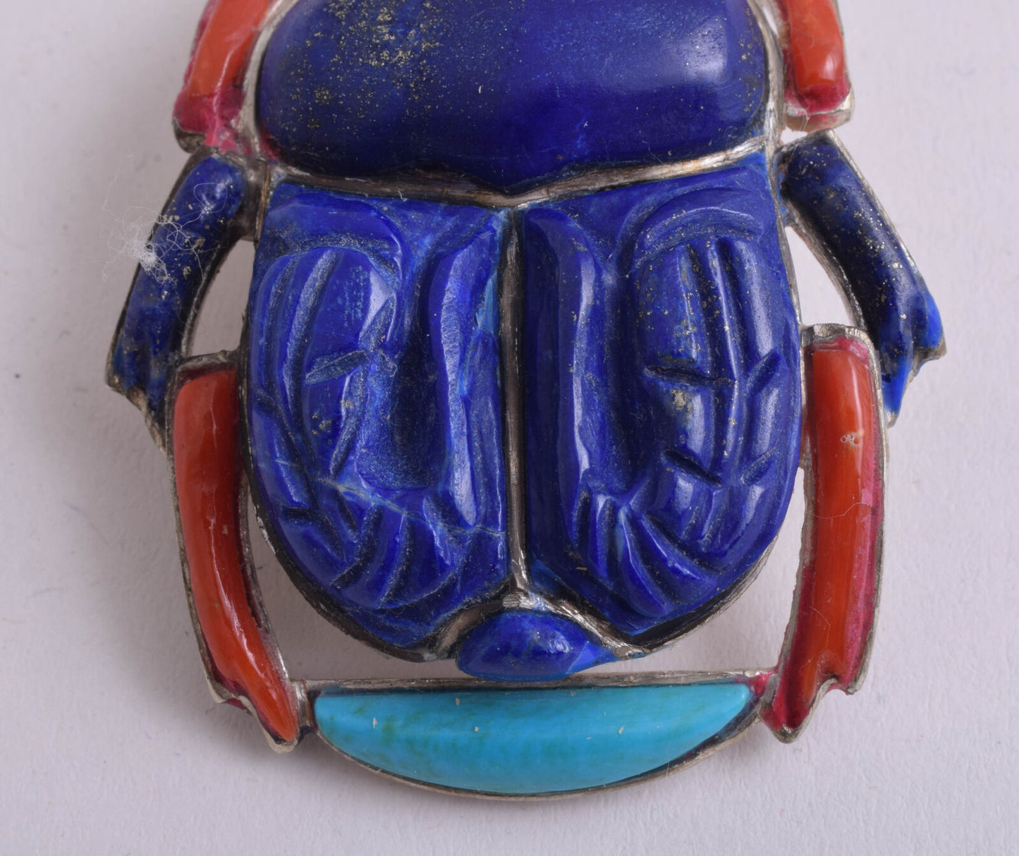 Egyptian scarab Silver Pendant,Revival, Turquoise, red coral , lapis Lazuli