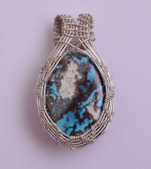 Egyptian Turquoise cabochon Hand Wire Wrapped Silver Pendant-Ethnic Gypsy Boho