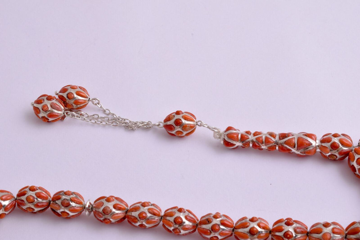 Red Coral & sterling silver Islamic raised inlaid prayer beads,muslim Tasbih