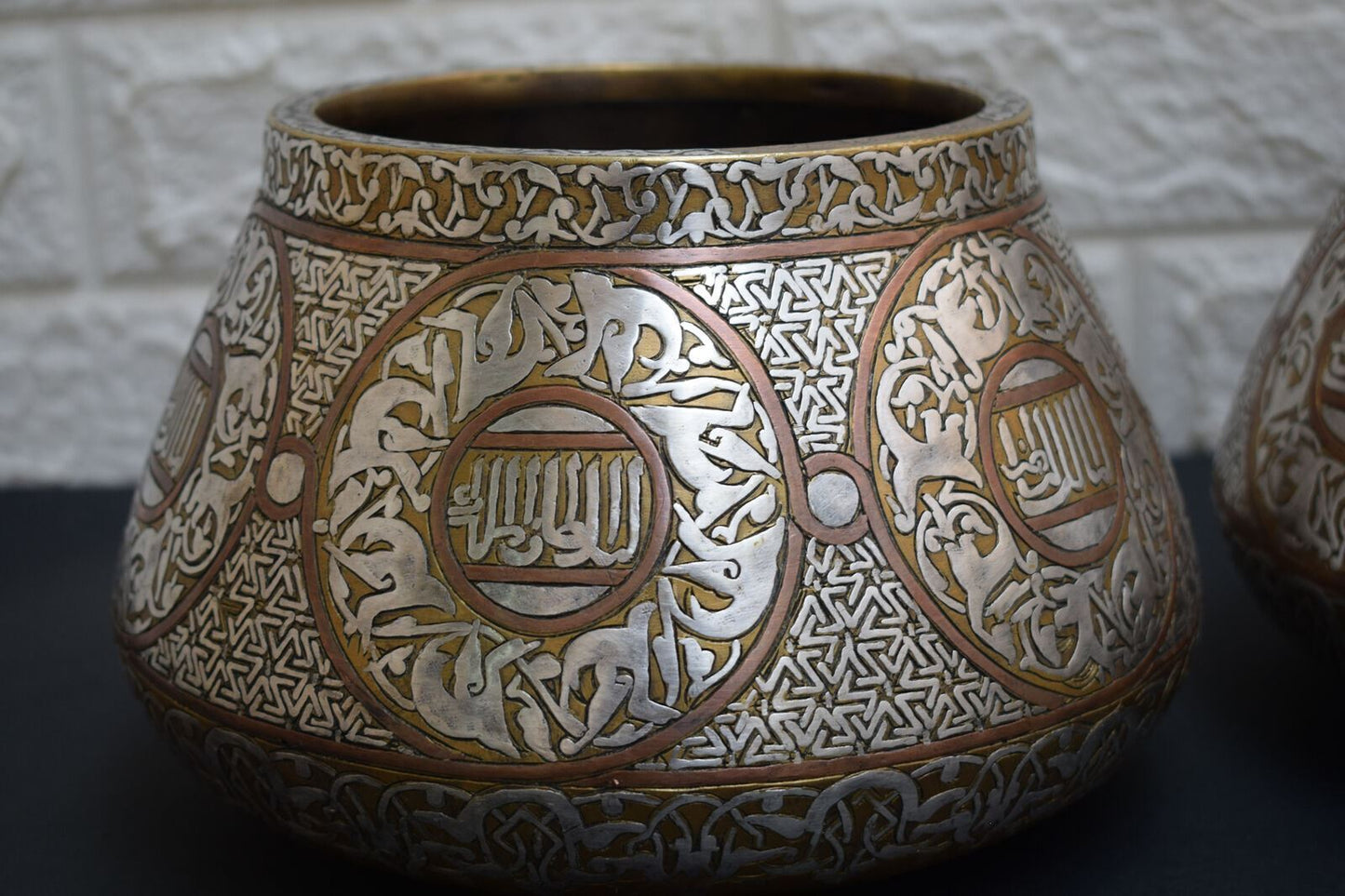 Islamic Mamluk style silver inlaid brass Artwork Bowl-Cairo ware-revival