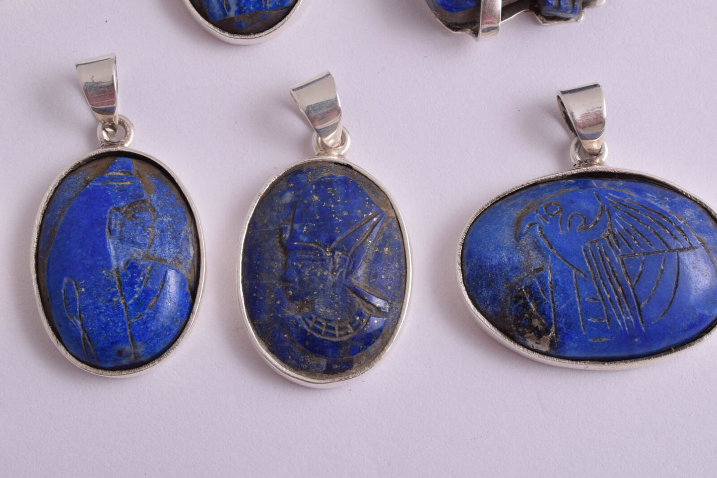 9 Vintage Egyptian Lapis Lazuli-Silver Pendants-Hand Carved-Pharaohs Kings