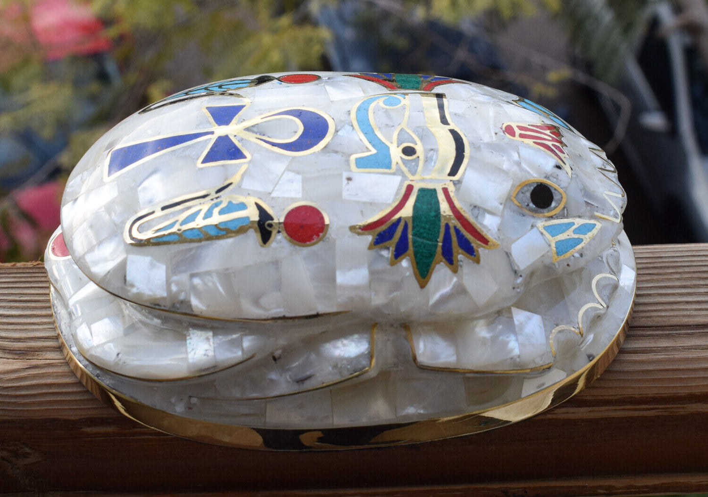 Egyptian large Scarab Beetle Statue-covered with Mother of Pearl-Decorative-6.3"