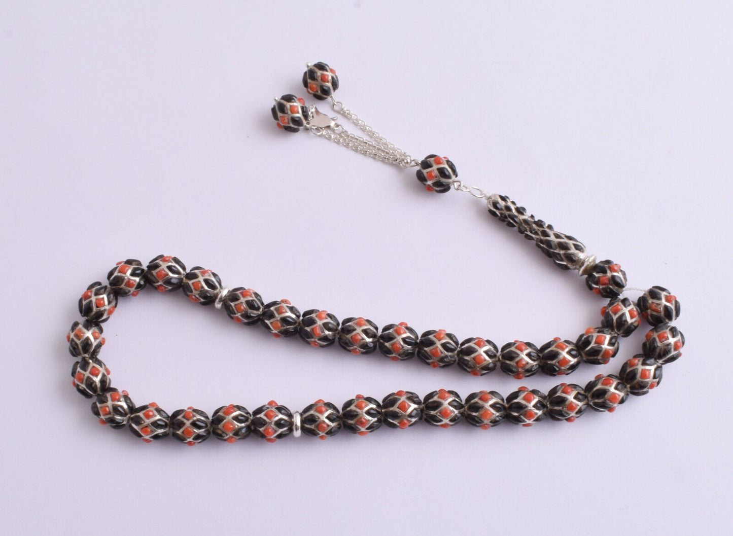 Red & Black Coral & sterling silver Islamic inlaid prayer beads,muslim Tasbih