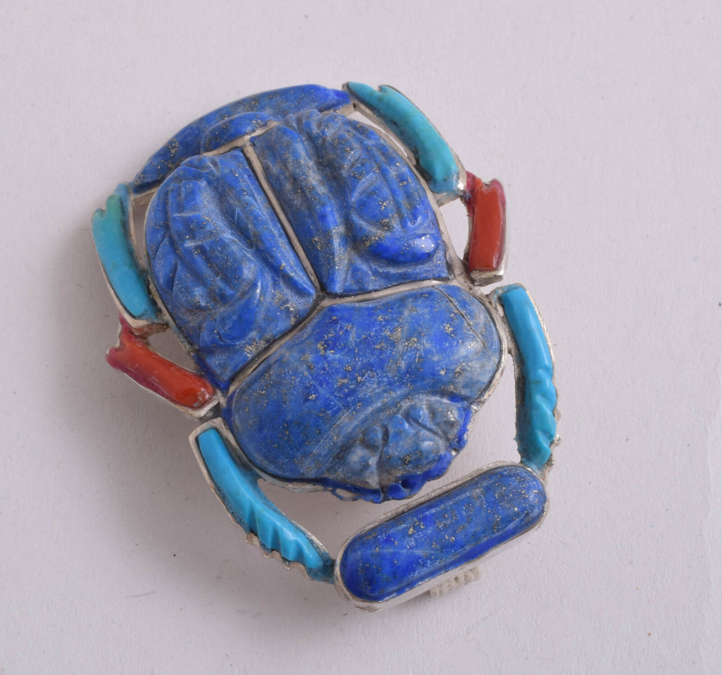 Egyptian scarab Silver Pendant,Revival, Turquoise, red coral , lapis Lazuli