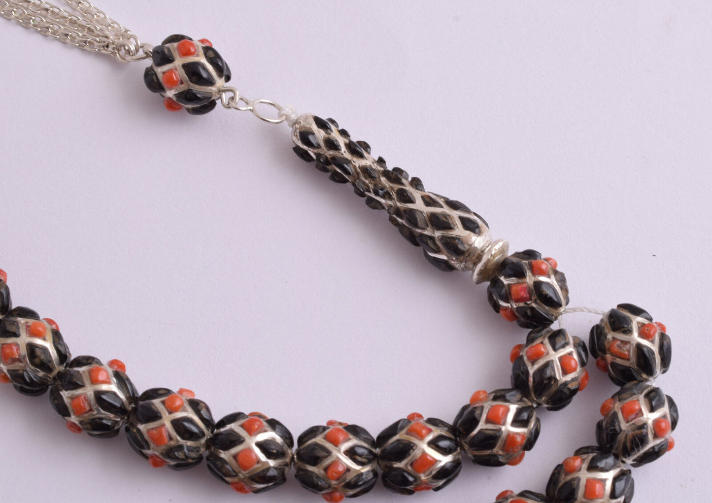 Red & Black Coral & sterling silver Islamic inlaid prayer beads,muslim Tasbih