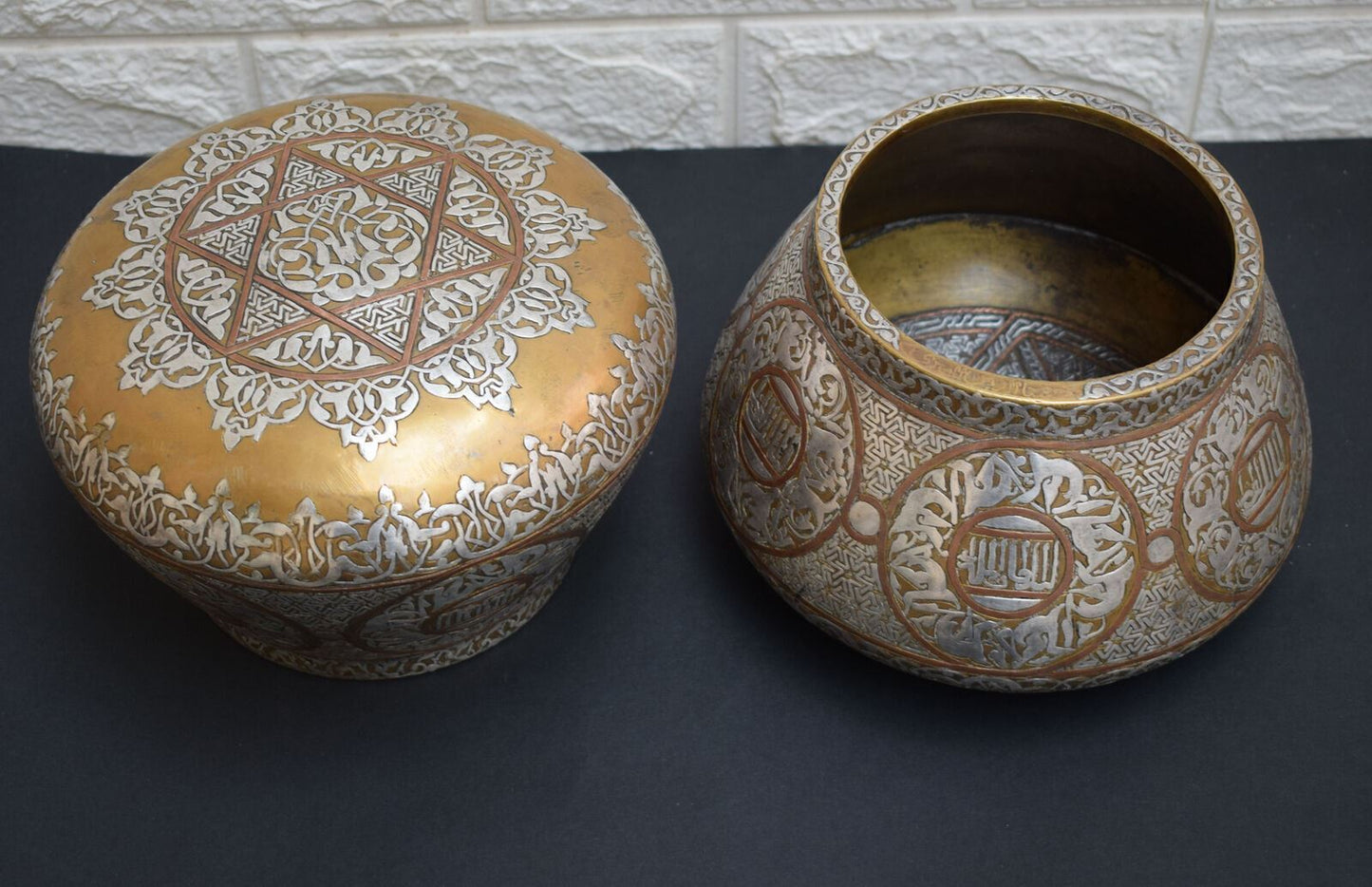 Islamic Mamluk style silver inlaid brass Artwork Bowl-Cairo ware-revival