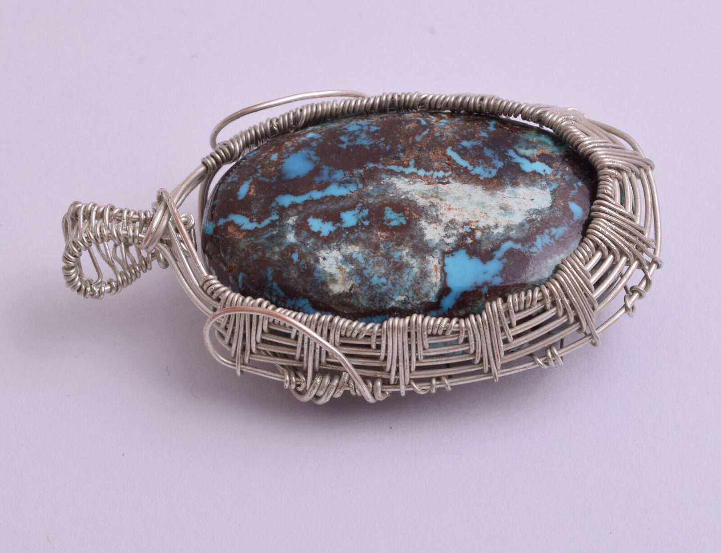 Egyptian Turquoise cabochon Hand Wire Wrapped Silver Pendant-Ethnic Gypsy Boho