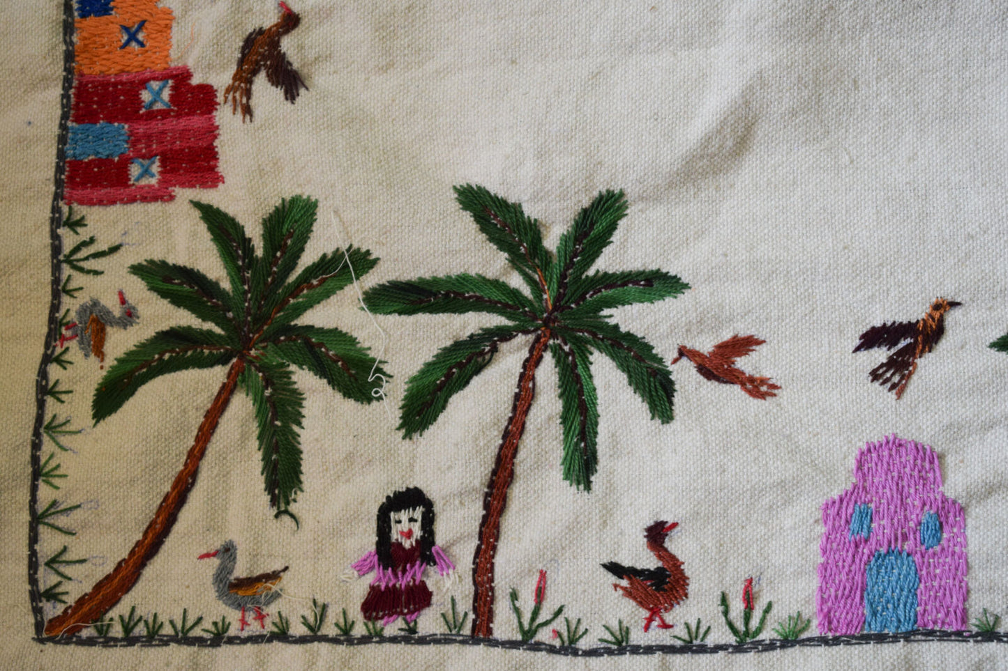 Hand embroidered Egyptian Tablecloth Falalhi Village Bedouin scenes 88"X54"