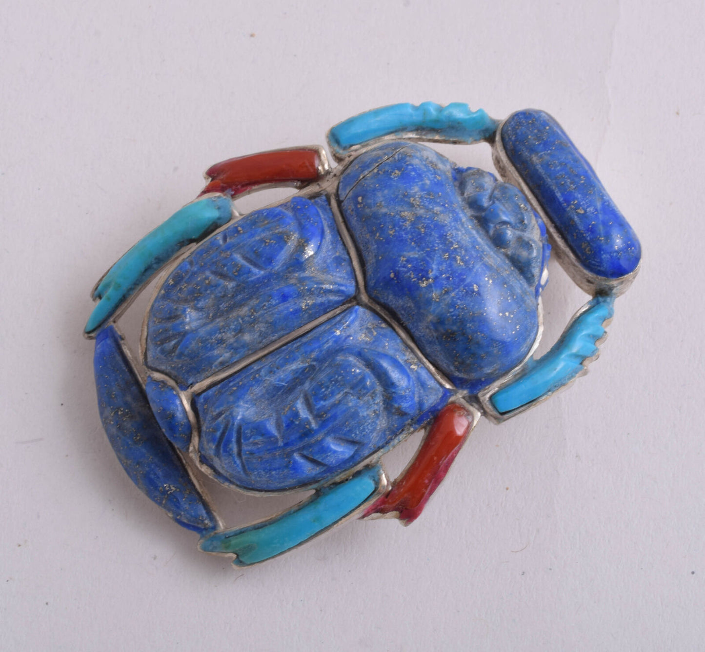 Egyptian scarab Silver Pendant,Revival, Turquoise, red coral , lapis Lazuli