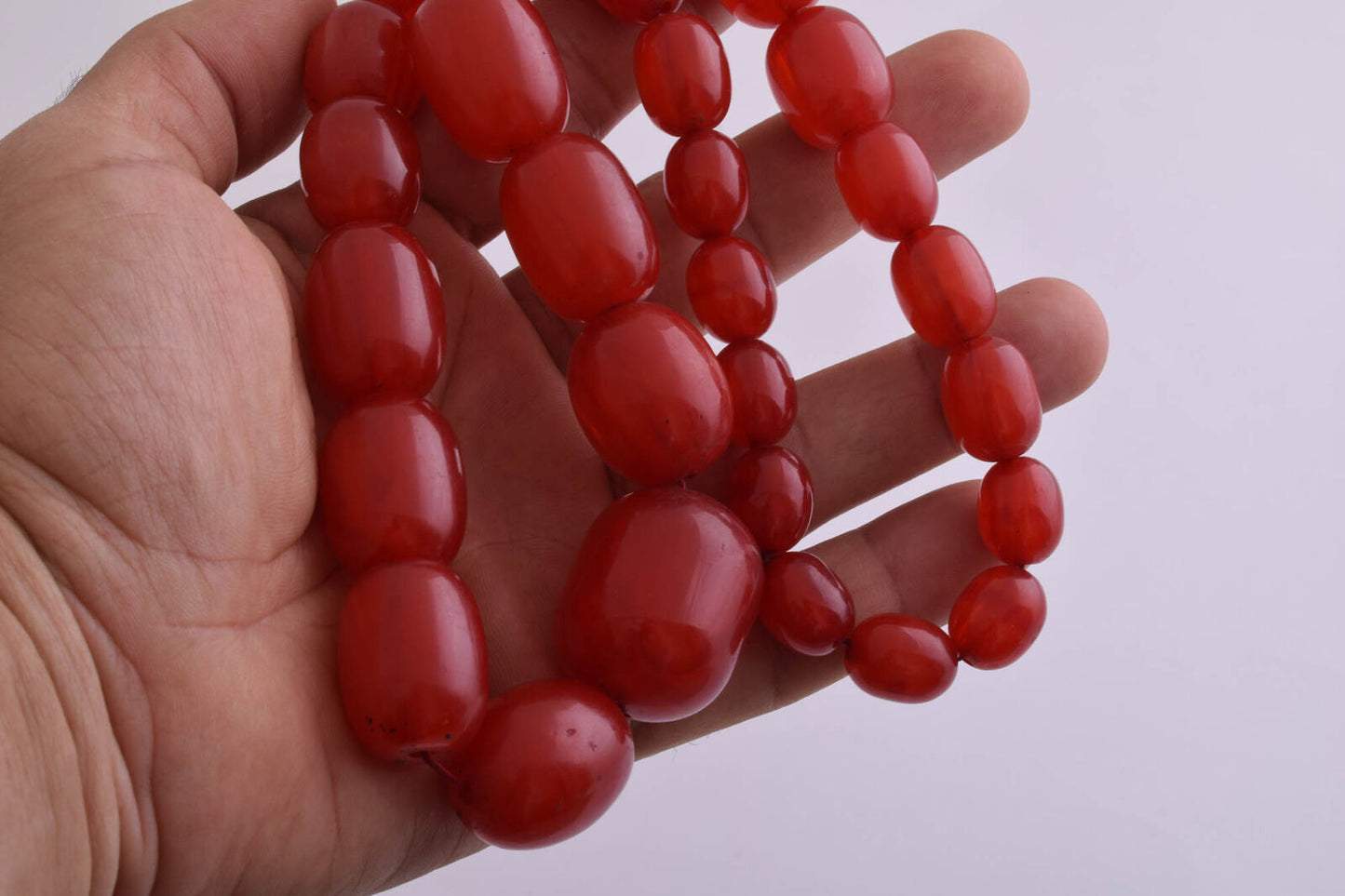 Vintage Red Bakelite necklace Beads-light cherry amber graduated bead-125 gram