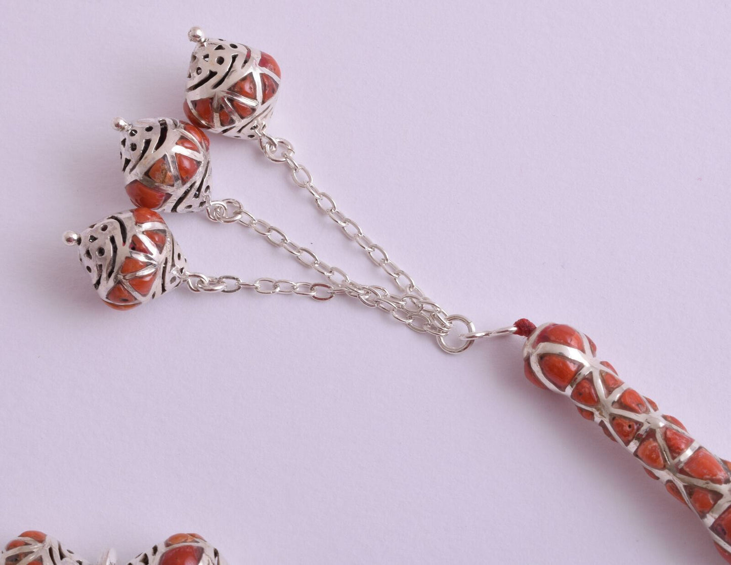 Red Coral & sterling silver Islamic raised inlaid prayer beads,muslim Tasbih