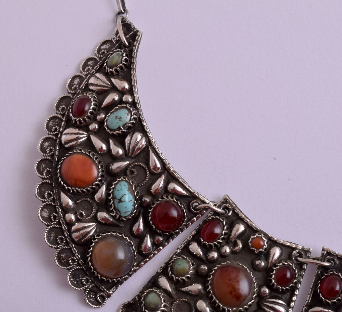 Antique Egyptian Revival Silver Turquoise-Agate Necklace Choker