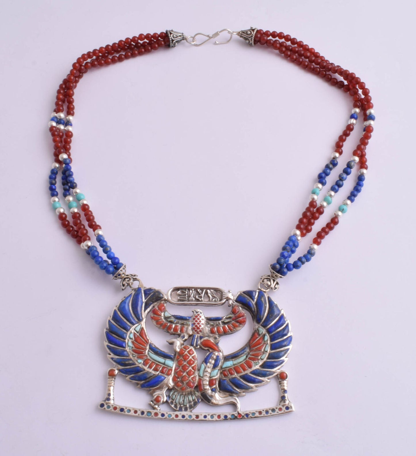 Winged Scarab Egyptian Silver Pendant Necklace, Turquoise, red coral , lapis