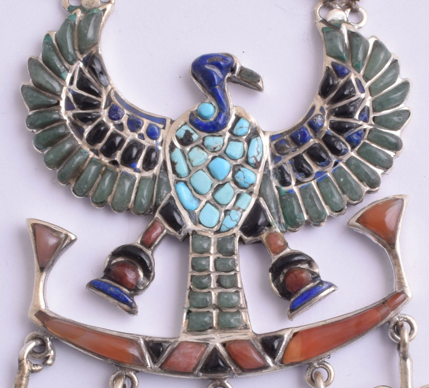 Egyptian Silver Pendant Necklace,Revival,Pharaoh, Turquoise, red coral , lapis