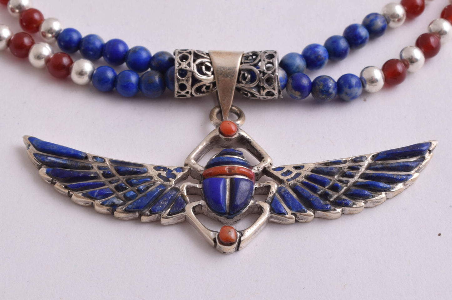 Winged Scarab Necklace-Egyptian Silver Pendant Necklace-Turquoise,Lapis