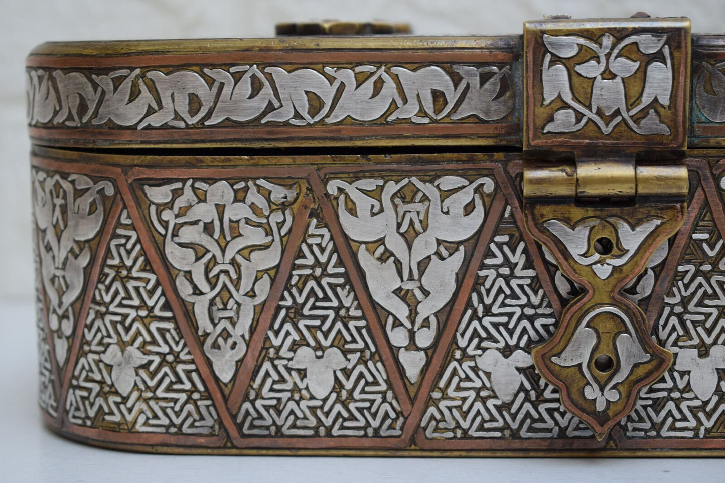 Islamic revival Mamluk style silver inlaid brass Jewelry Box-Cairo ware