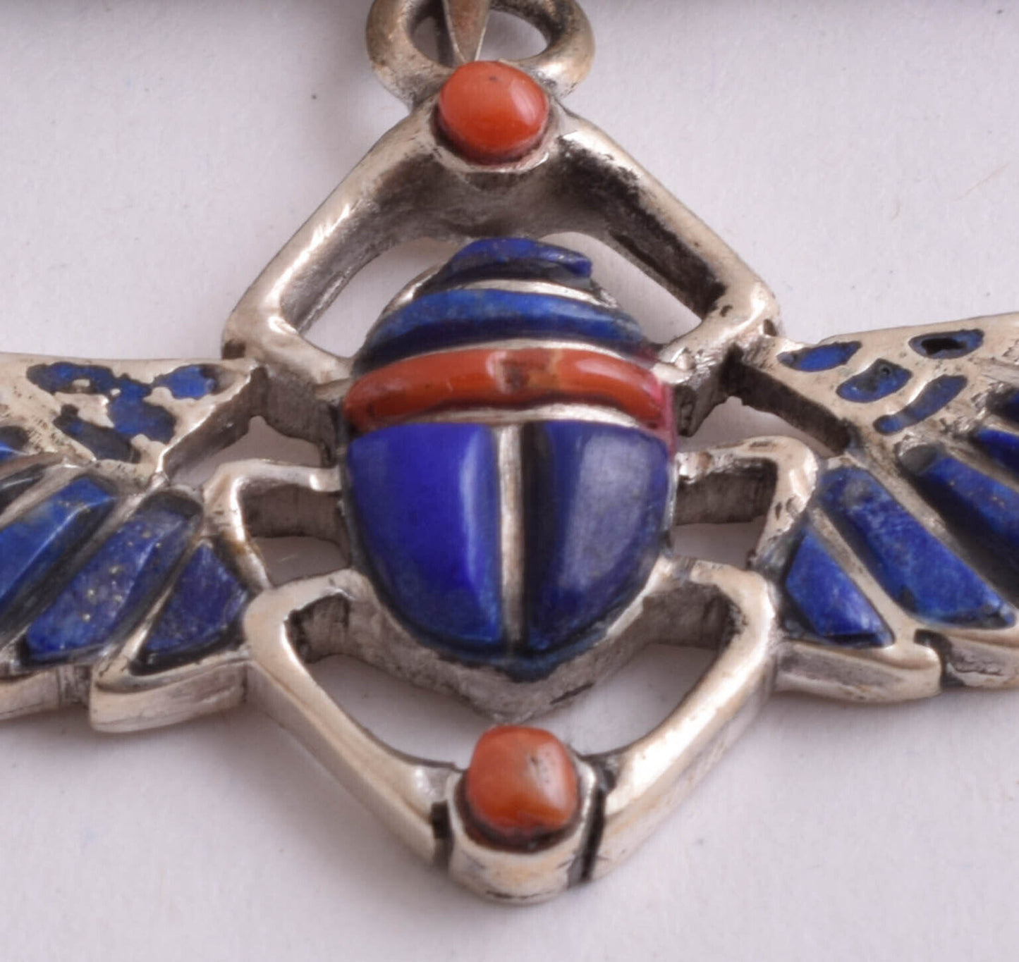 Winged Scarab Necklace-Egyptian Silver Pendant Necklace-Turquoise,Lapis