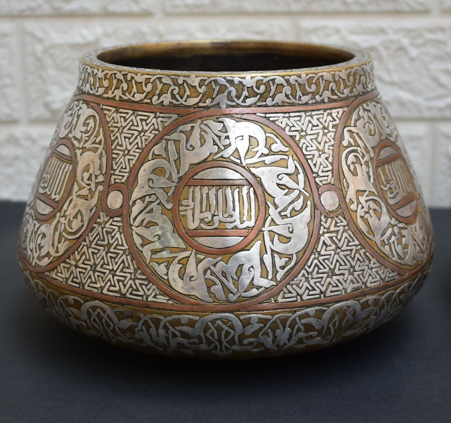 Islamic Mamluk style silver inlaid brass Artwork Bowl-Cairo ware-revival