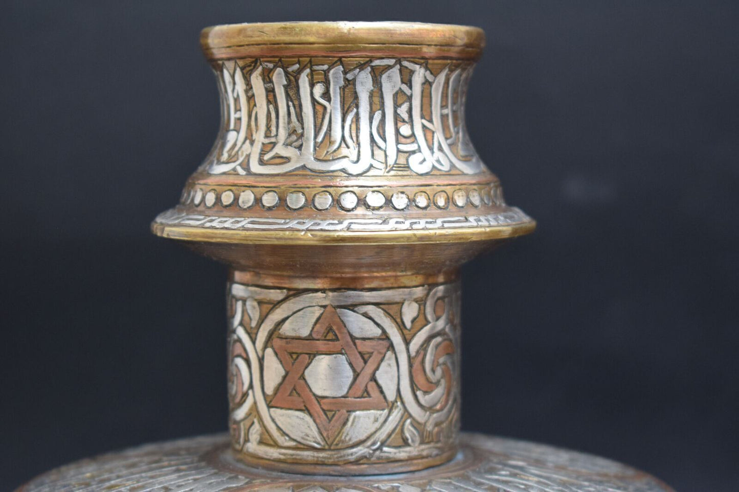 Brass Candle Holders-Islamic-Mamluk-silver inlaid -Candlestick pair-Cairo ware