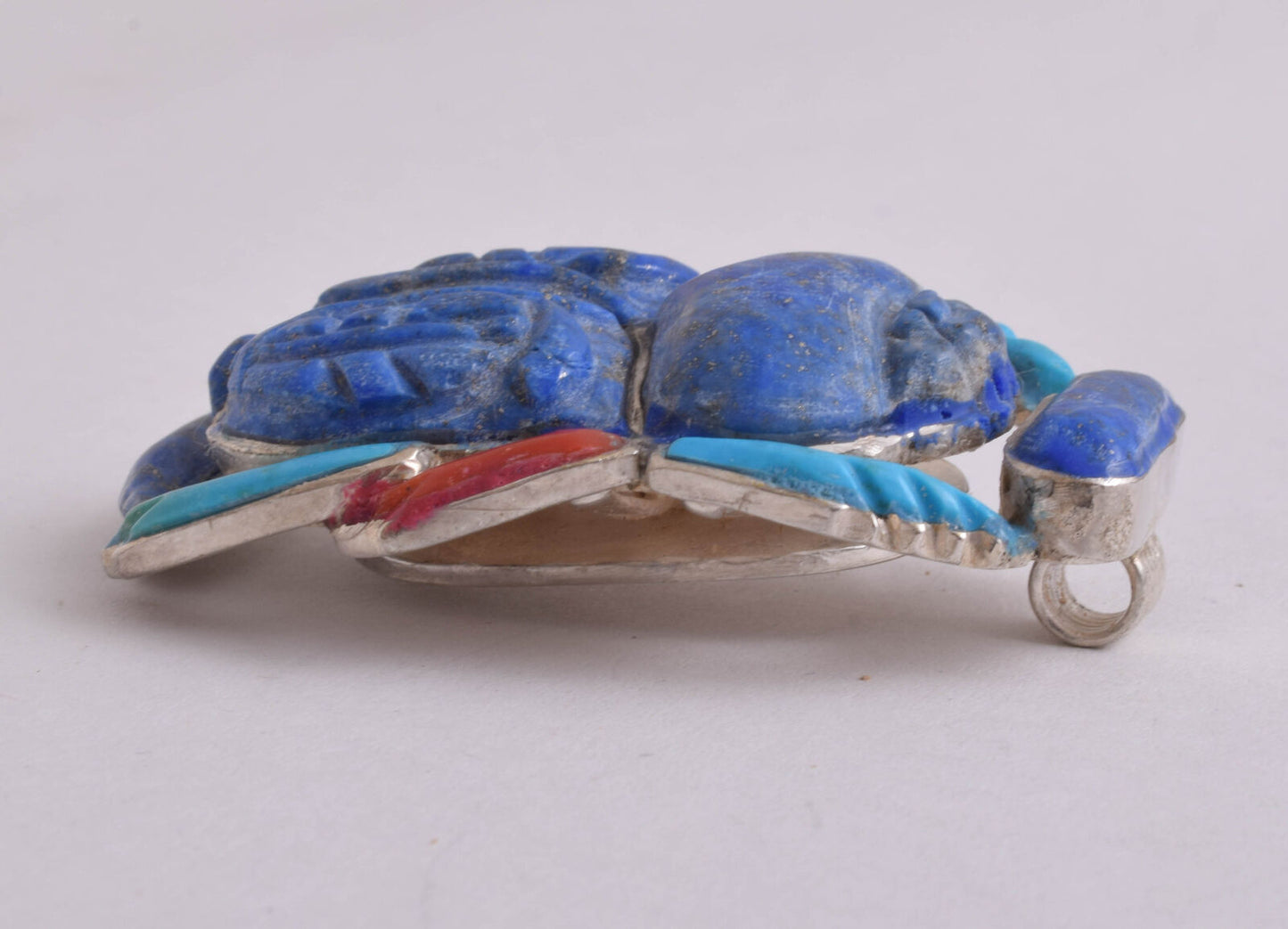 Egyptian scarab Silver Pendant,Revival, Turquoise, red coral , lapis Lazuli