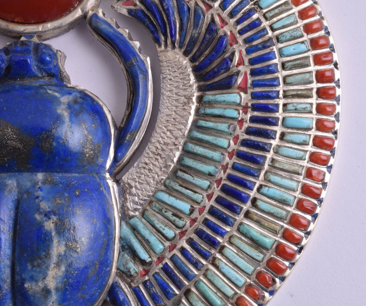 Egyptian Silver Pendant Necklace, scarab,Pharaoh, Turquoise, red coral , lapis