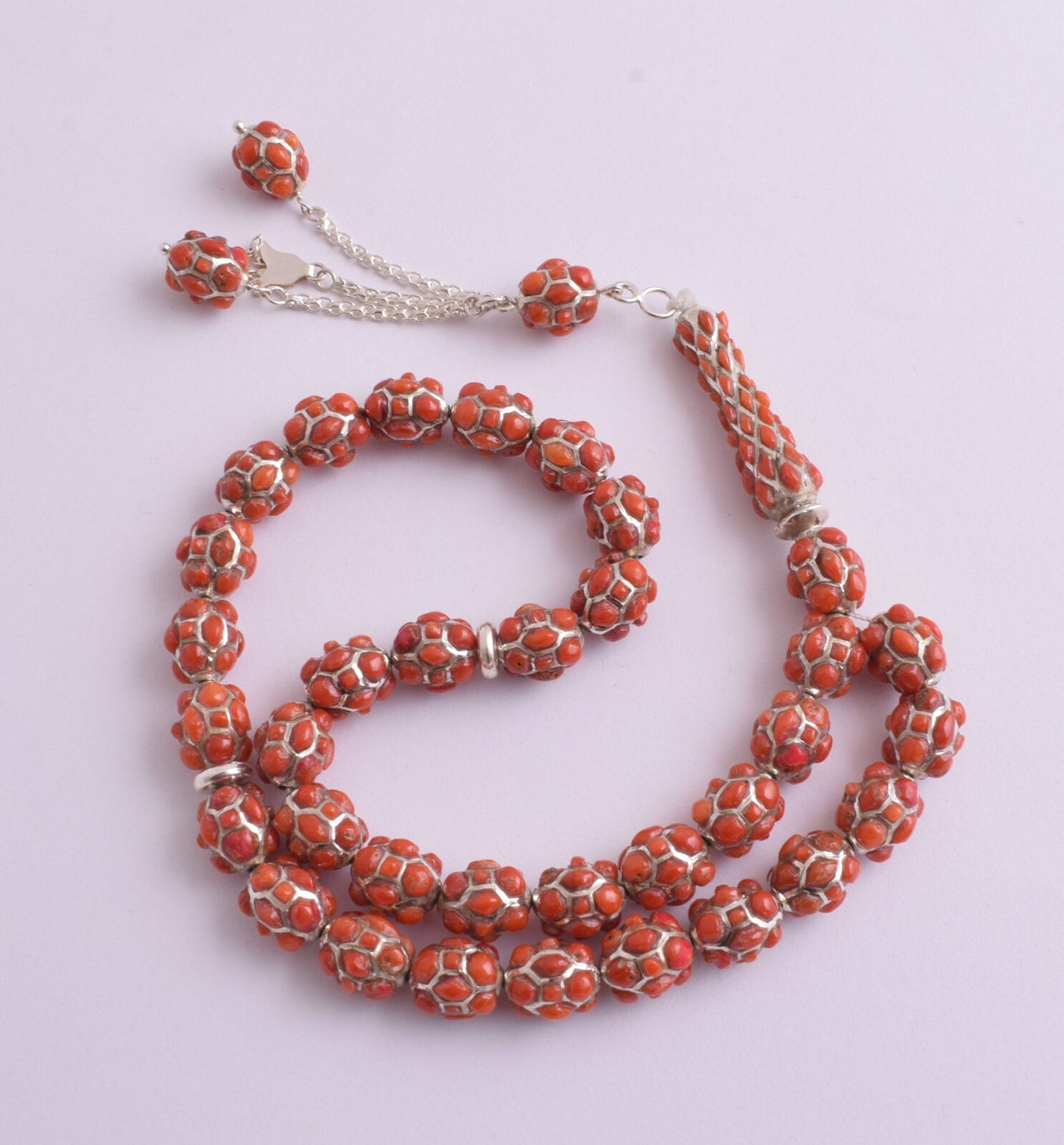 Red Coral & sterling silver Islamic raised inlaid prayer beads,muslim Tasbih