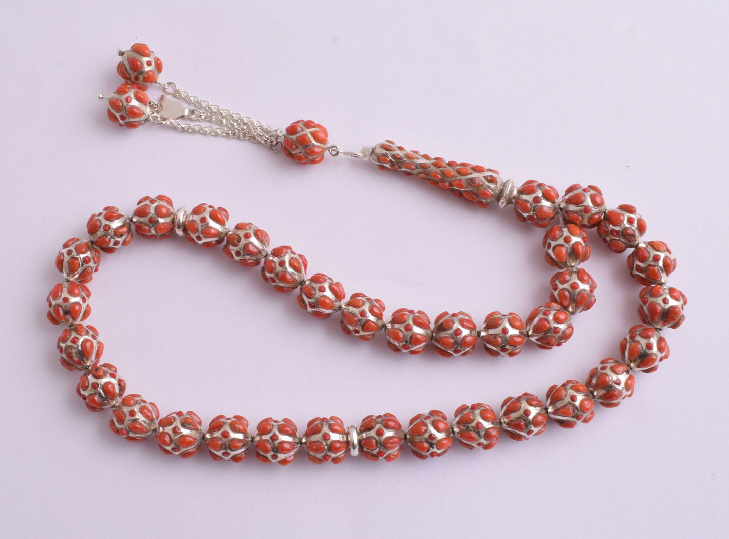 Red Coral & sterling silver Islamic raised inlaid prayer beads,muslim Tasbih