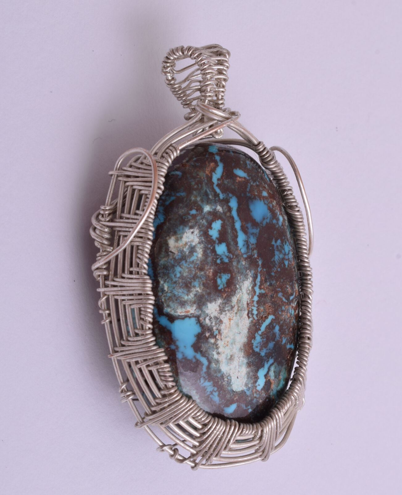 Egyptian Turquoise cabochon Hand Wire Wrapped Silver Pendant-Ethnic Gypsy Boho