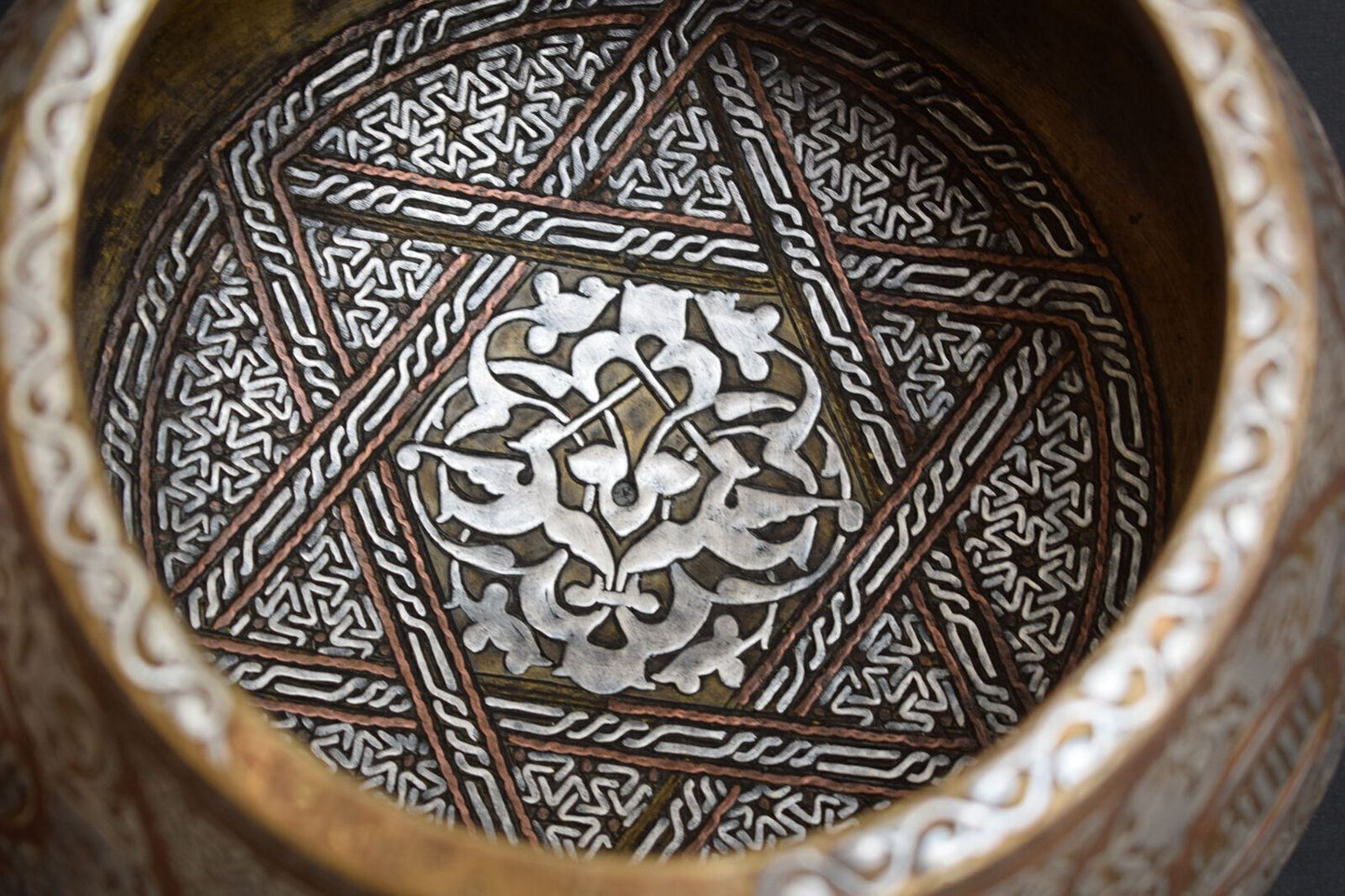 Islamic Mamluk style silver inlaid brass Artwork Bowl-Cairo ware-revival