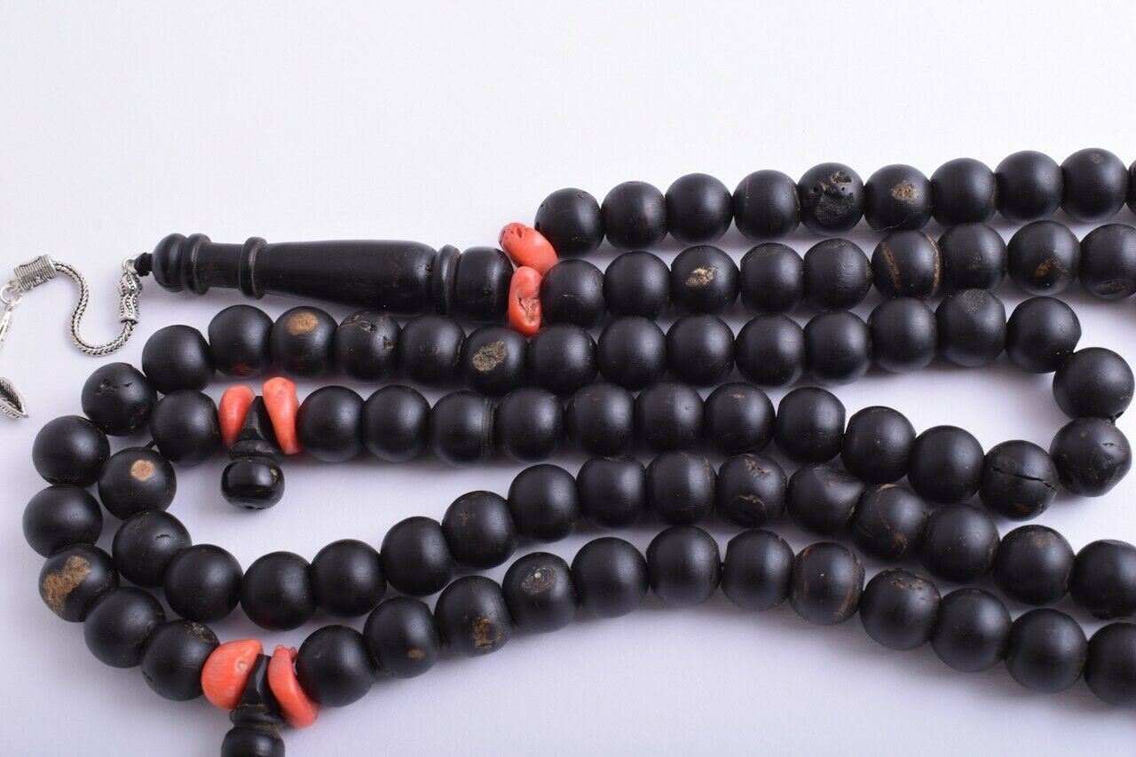 Antique Islamic black coral/ silver inlay -Prayer beads-komboloi-يسر حجازي قديم