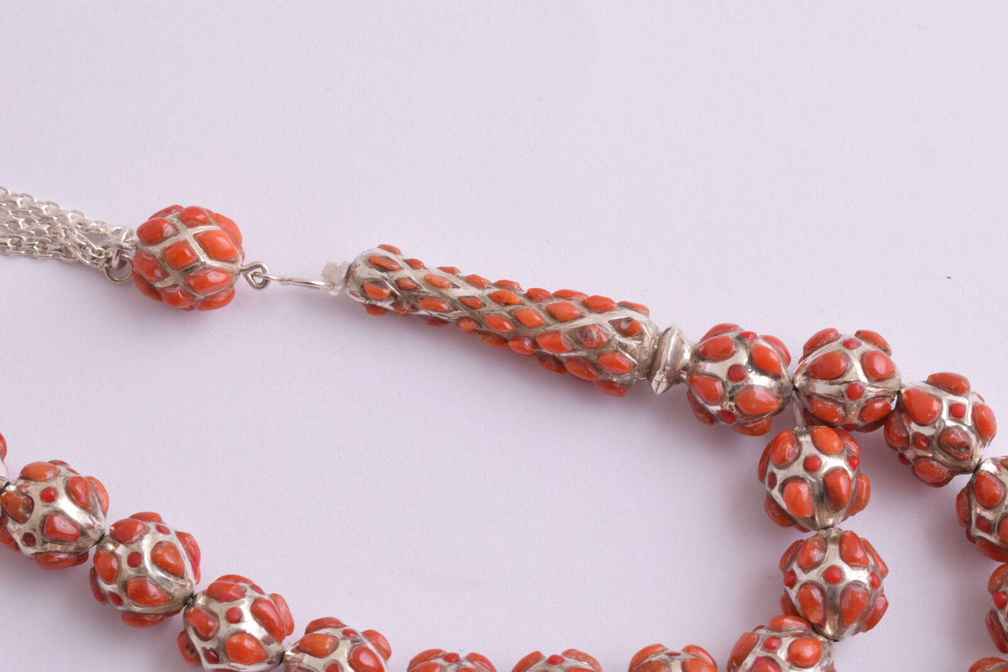 Red Coral & sterling silver Islamic raised inlaid prayer beads,muslim Tasbih