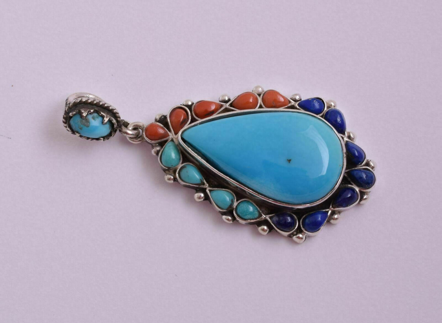 Egyptian Ethnic Gypsy Bedouin Turquoise-Red coral-Lapis Lazuli-silver Pendant