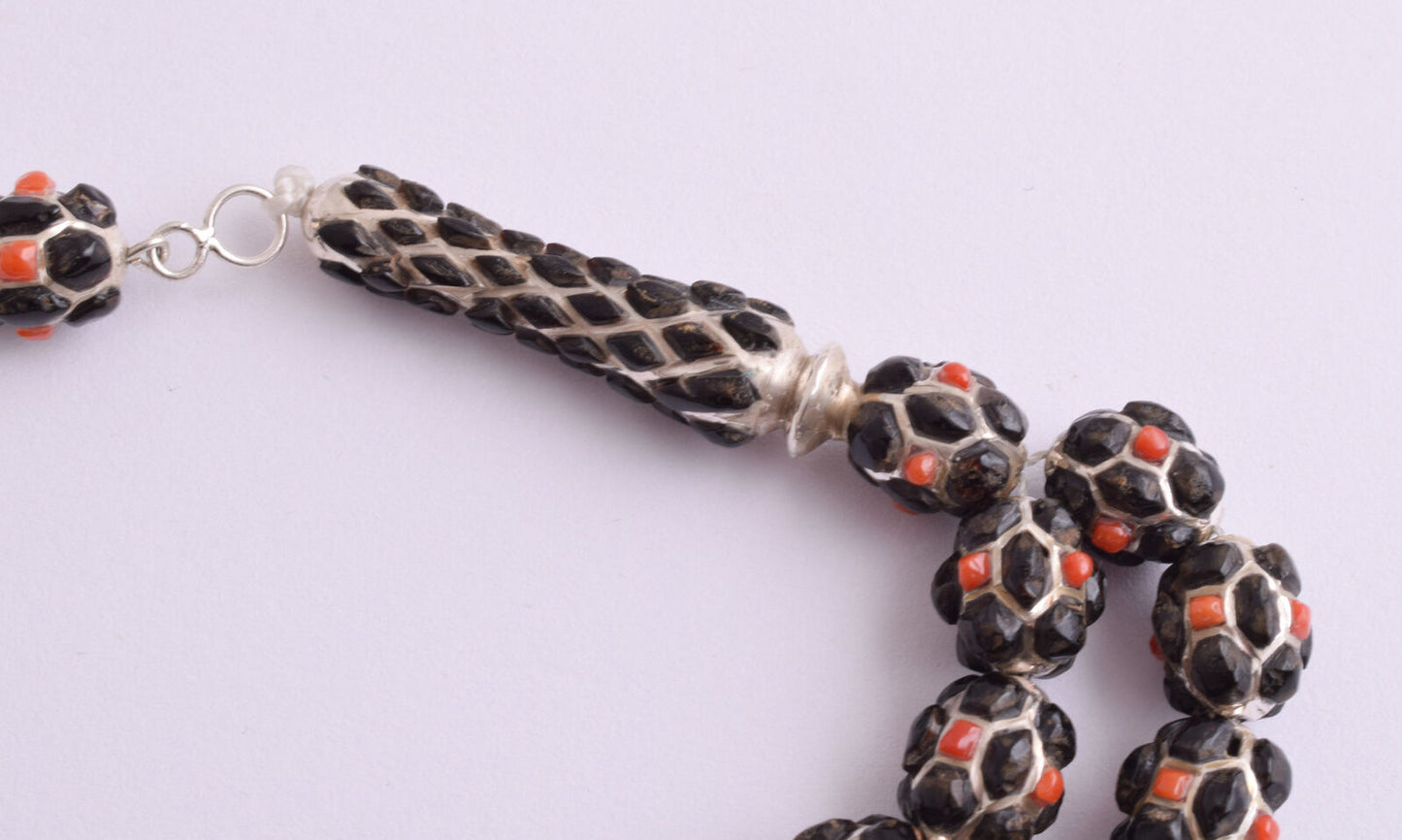 Red & Black Coral & sterling silver Islamic inlaid prayer beads,muslim Tasbih