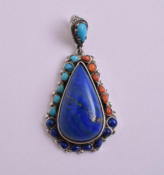 Egyptian Ethnic Gypsy Bedouin Lapis Lazuli-Turquoise-Red coral-silver Pendant