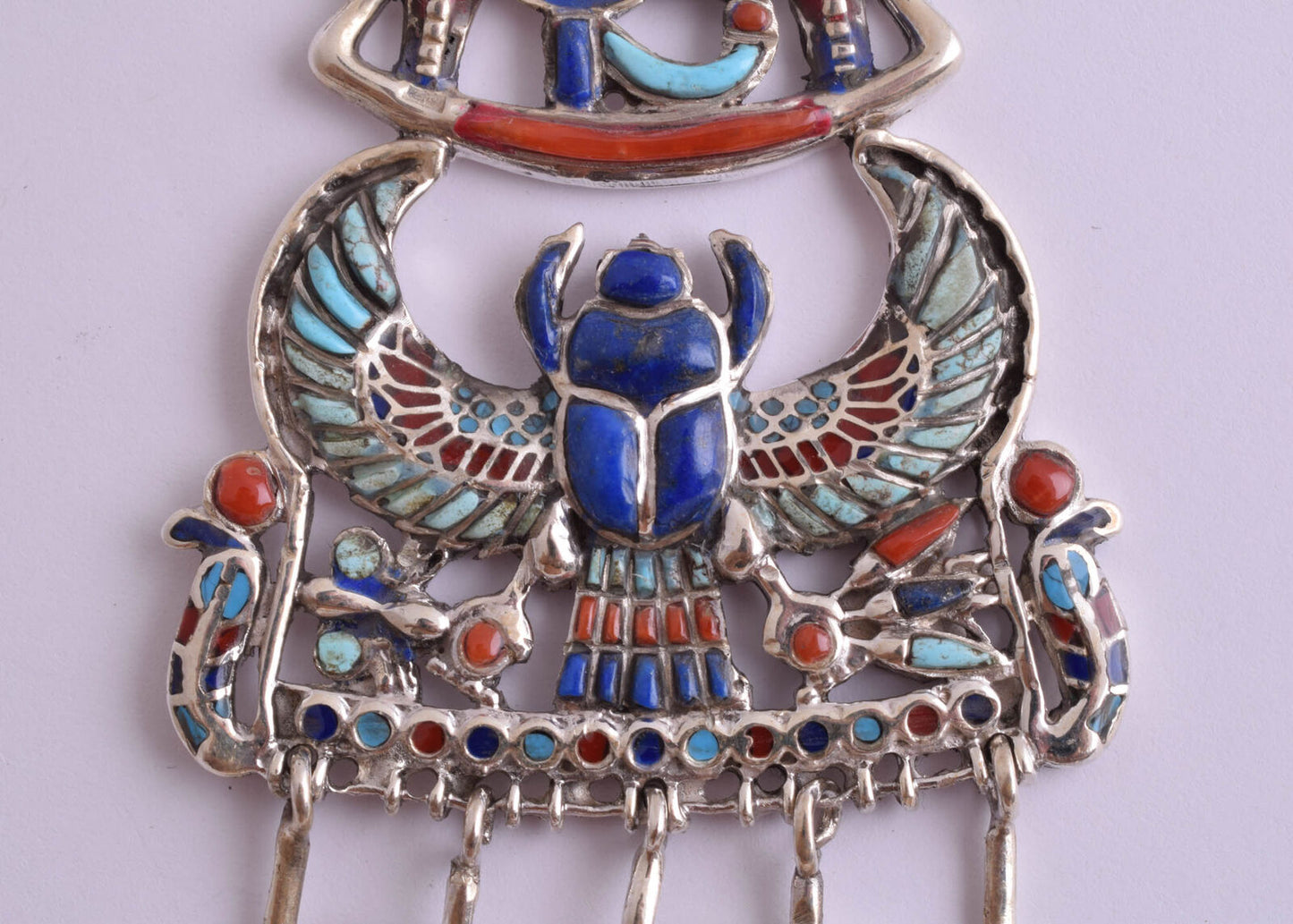 King Tut-Tutankhamun Egyptian Silver Pendant Necklace, Winged Scarab Pendant