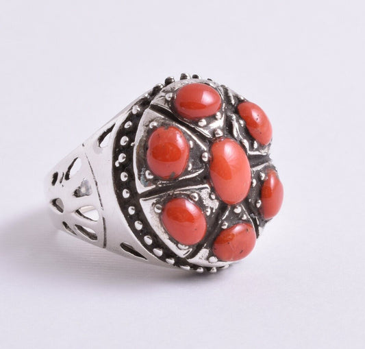 Natural Mediterranean Red coral sterling silver Ring-Middle Eastern