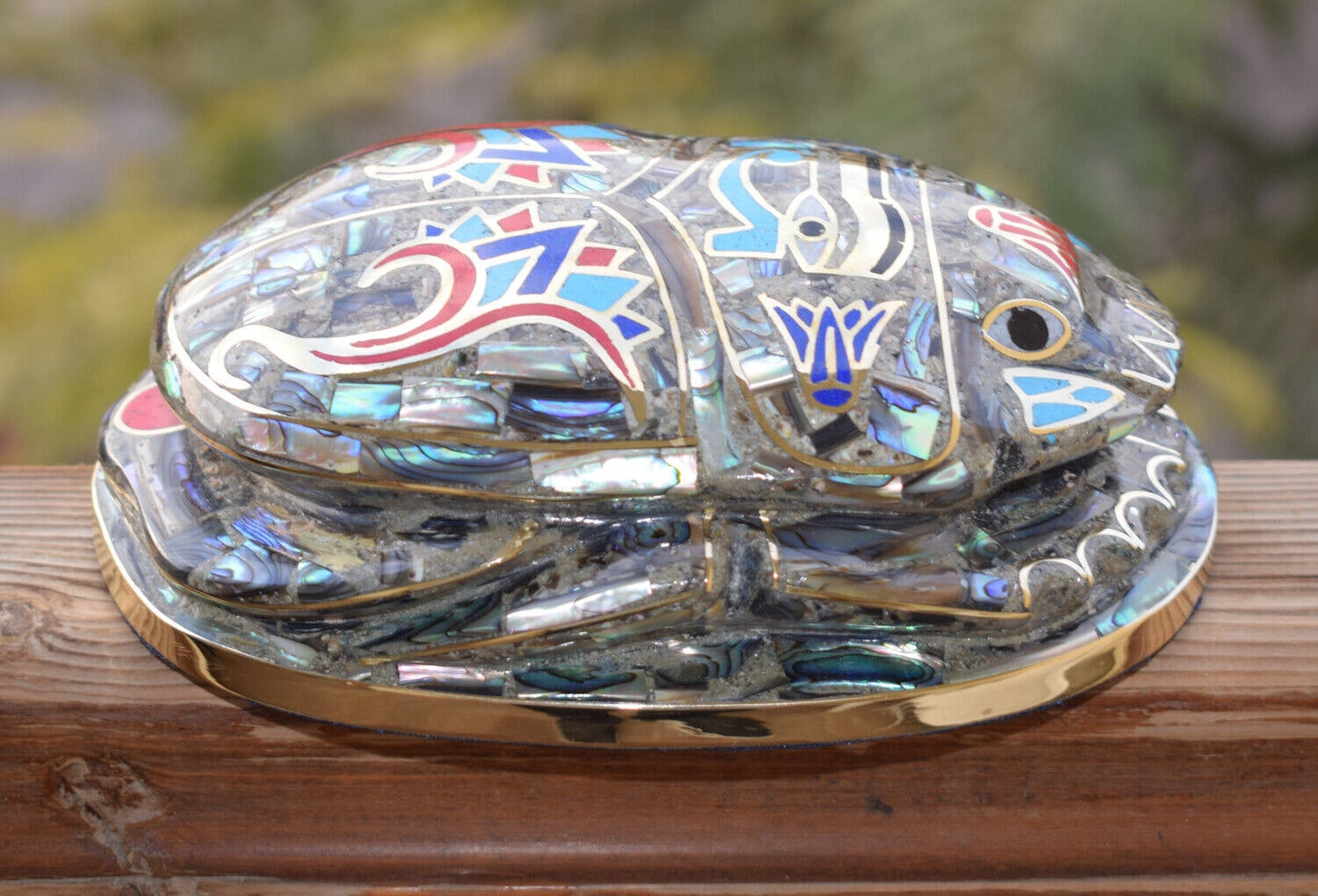 Egyptian large Scarab Beetle Statue-covered with Mother of Pearl-Decorative-6.3"