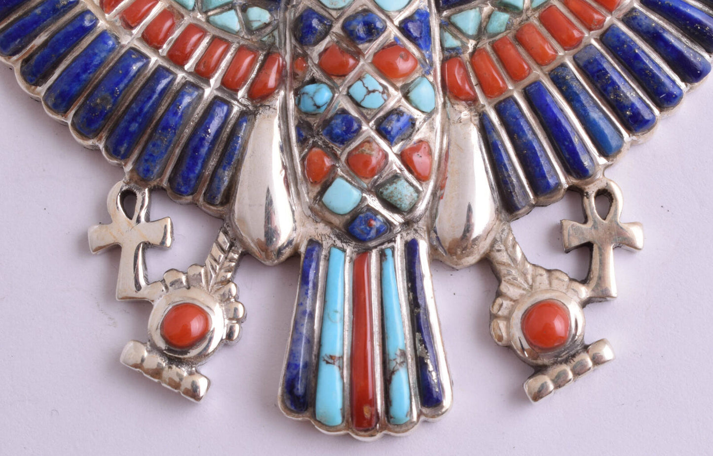 Horus Egyptian Silver Pendant Necklace, Turquoise, red coral , lapis lazuli